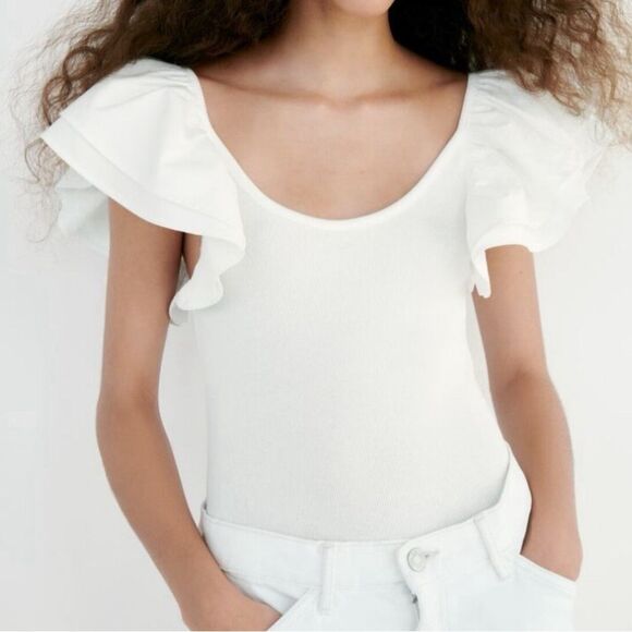 ZARA White Bodysuit with Ruffled Sleeves Size Small - Picture 1 of 6